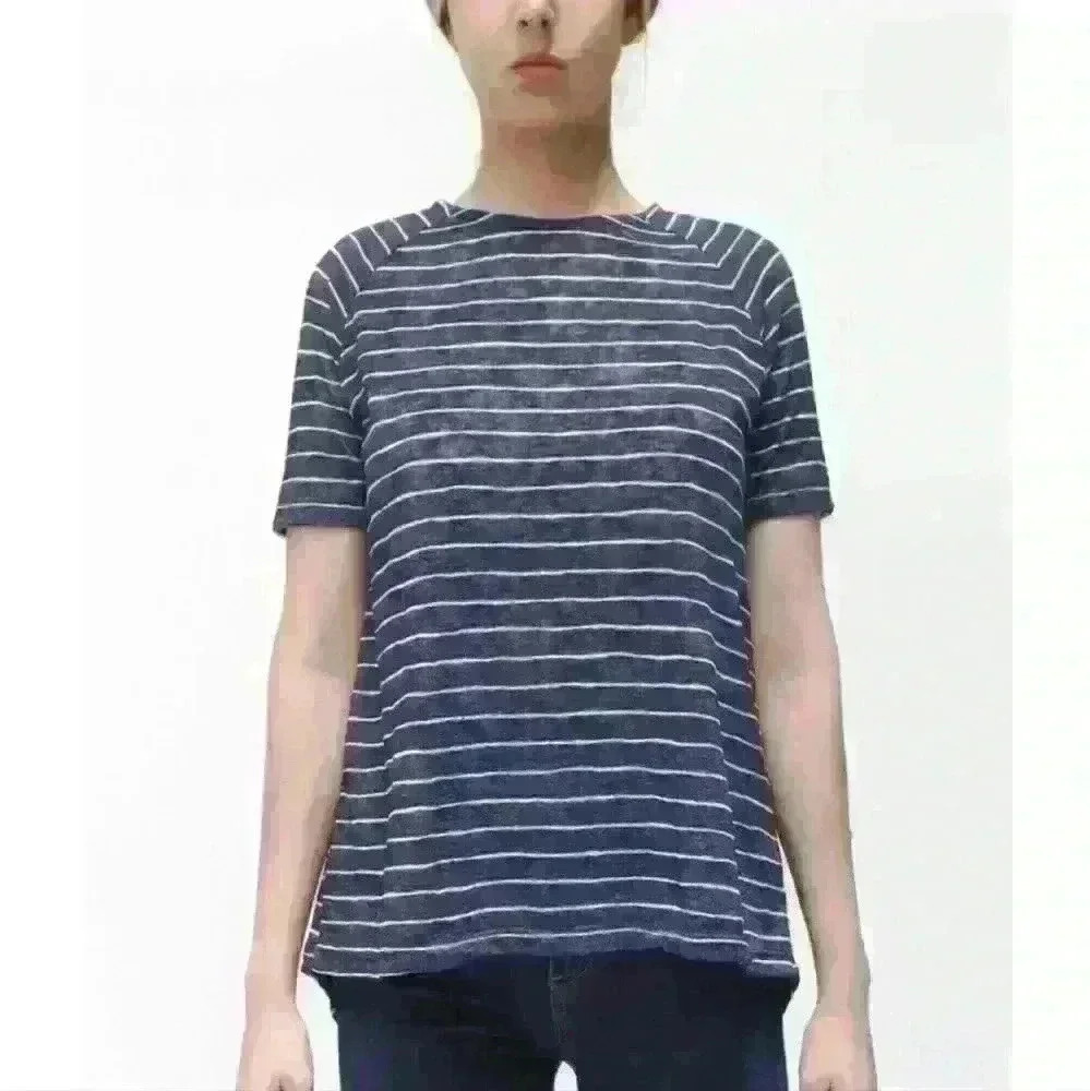 COIN 1804 | Women's Navy/White Skinny Striped Button  Back Short Sleeve …